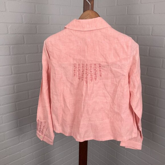 J. Jill Blouse Women Small Pink Embroidery Floral Shacket Linen Cottage Core - Picture 4 of 10